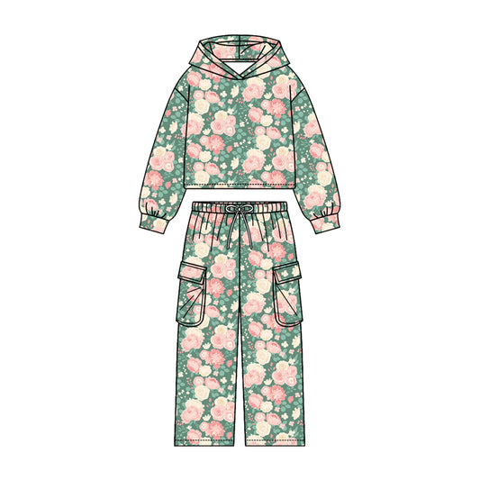 Baby Girls Colorful Flowers Hoodies Pockets Straight Bottom Pant Clothes Sets Preorder