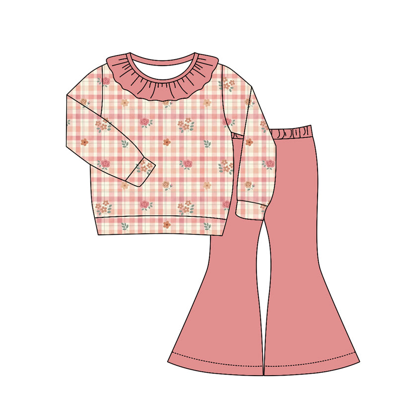 Baby Girls Pink Checked Flowers Top Bell Bottom Pant Clothes Sets Preorder