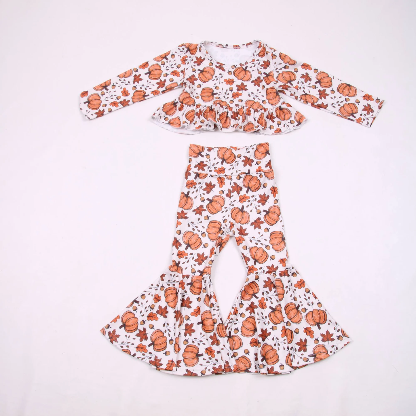 Baby Girls Leaves Pumpkins Ruffle Top Bell Bottom Pant Fall Clothes Sets Preorder