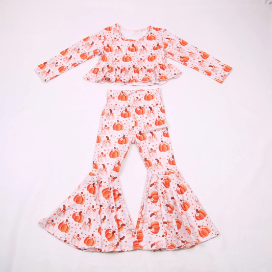 Baby Girls Flowers Pumpkins Ruffle Top Bell Bottom Pant Fall Clothes Sets Preorder