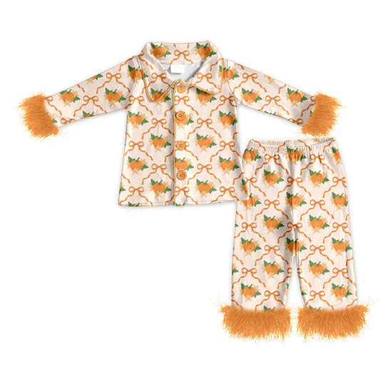 Baby Girls Bows Pumpkins Button Top Pants Fall Fur Pajamas Sets Preorder