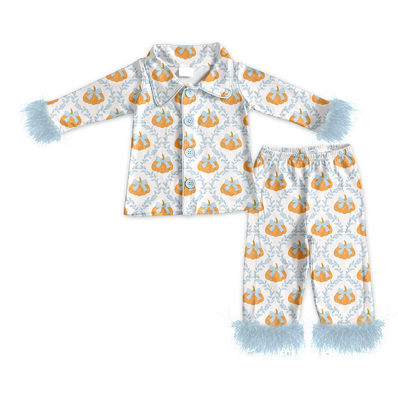 Baby Girls Bows Pumpkins Button Top Pants Fall Fur Pajamas Sets Preorder