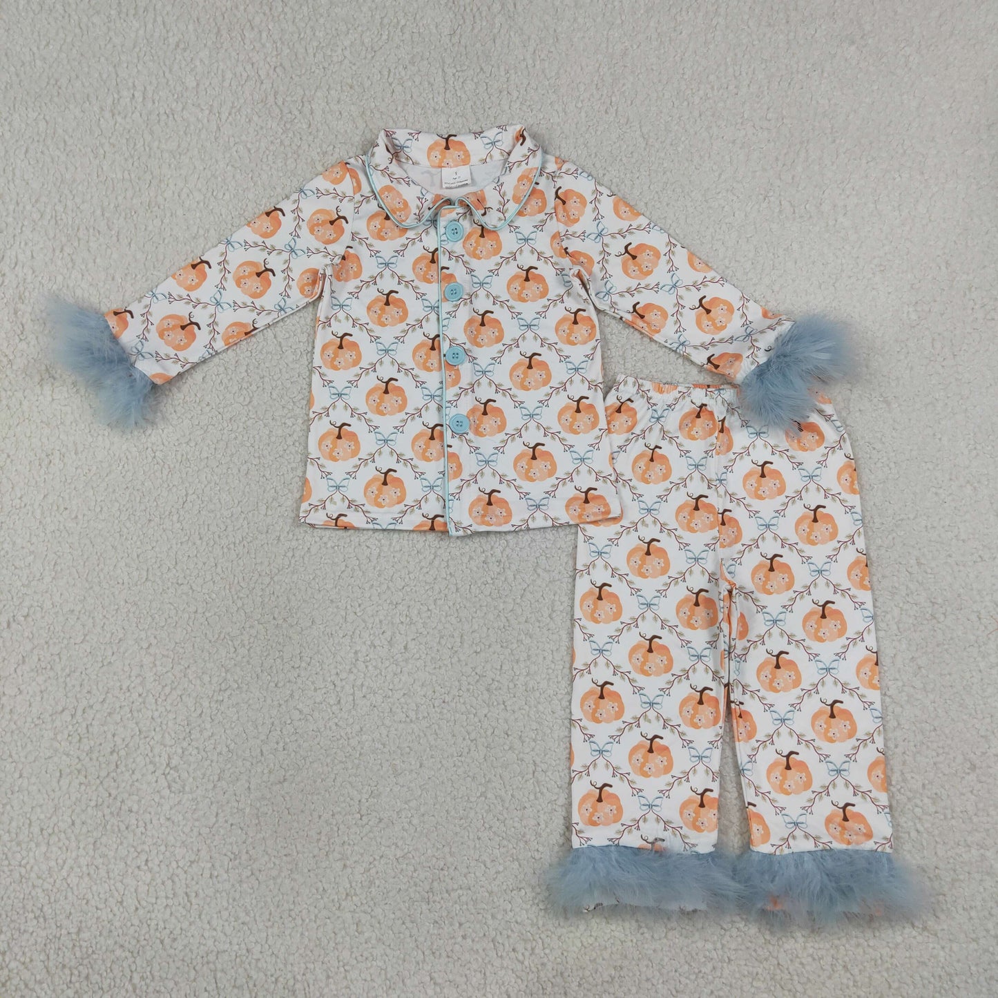 Baby Girls Flowers Pumpkins Button Top Pants Fall Fur Sleeves Pajamas Sets
