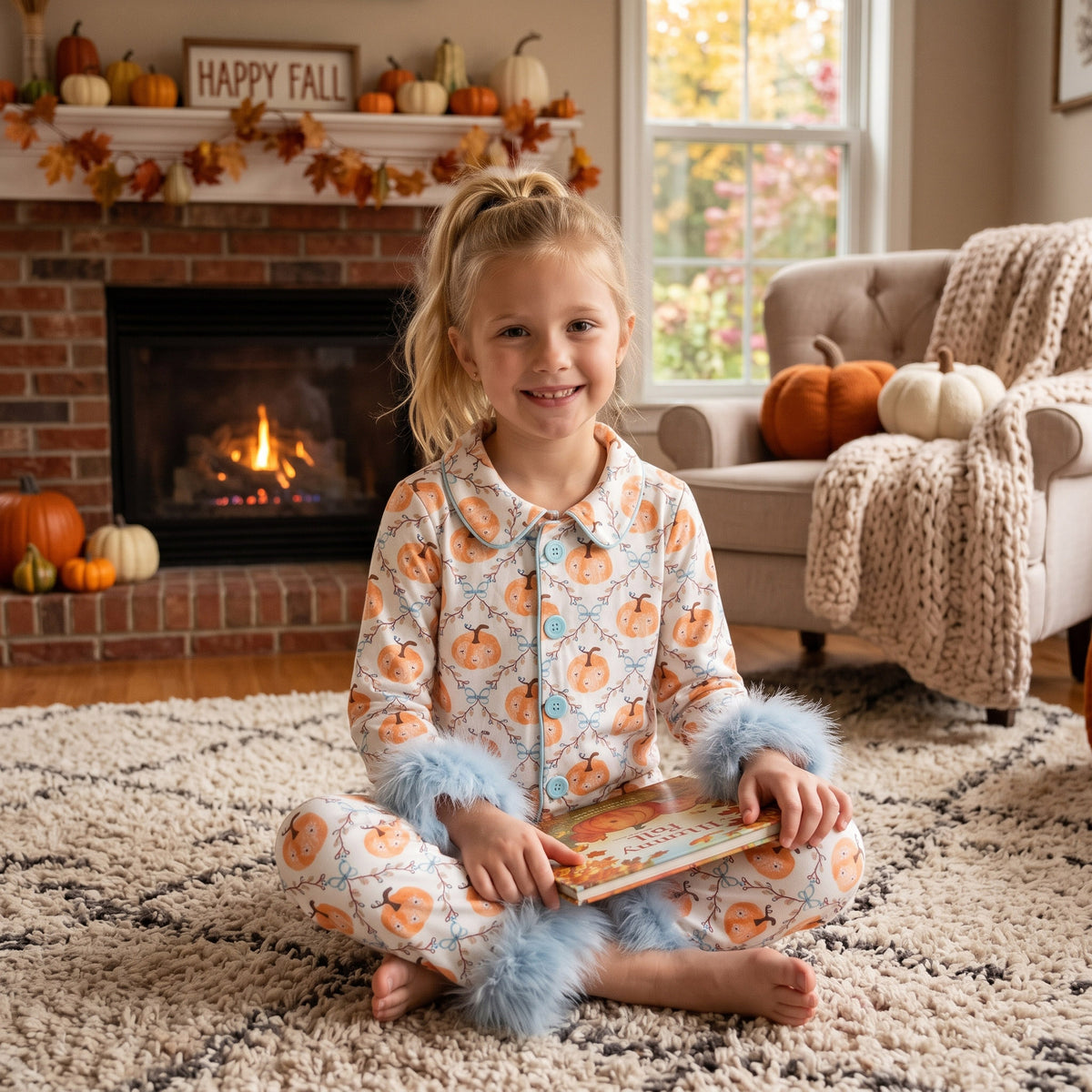 Baby Girls Flowers Pumpkins Button Top Pants Fall Fur Sleeves Pajamas Sets