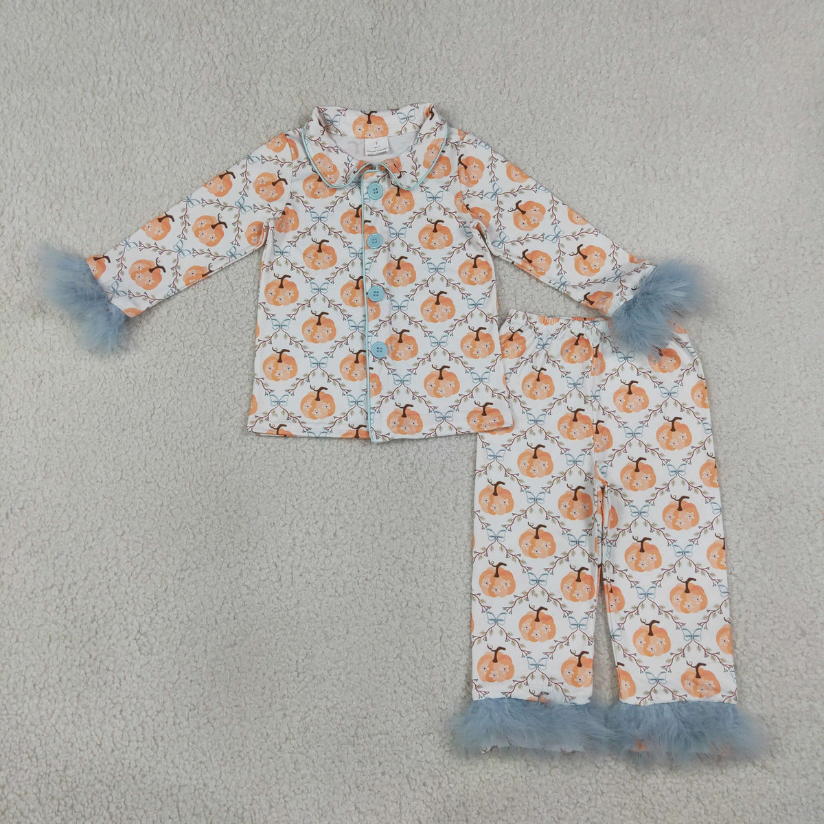 Sibling Baby Girls Bows Pumpkins Button Top Pants Fall Winter Fur Sleeves Pajamas Sets