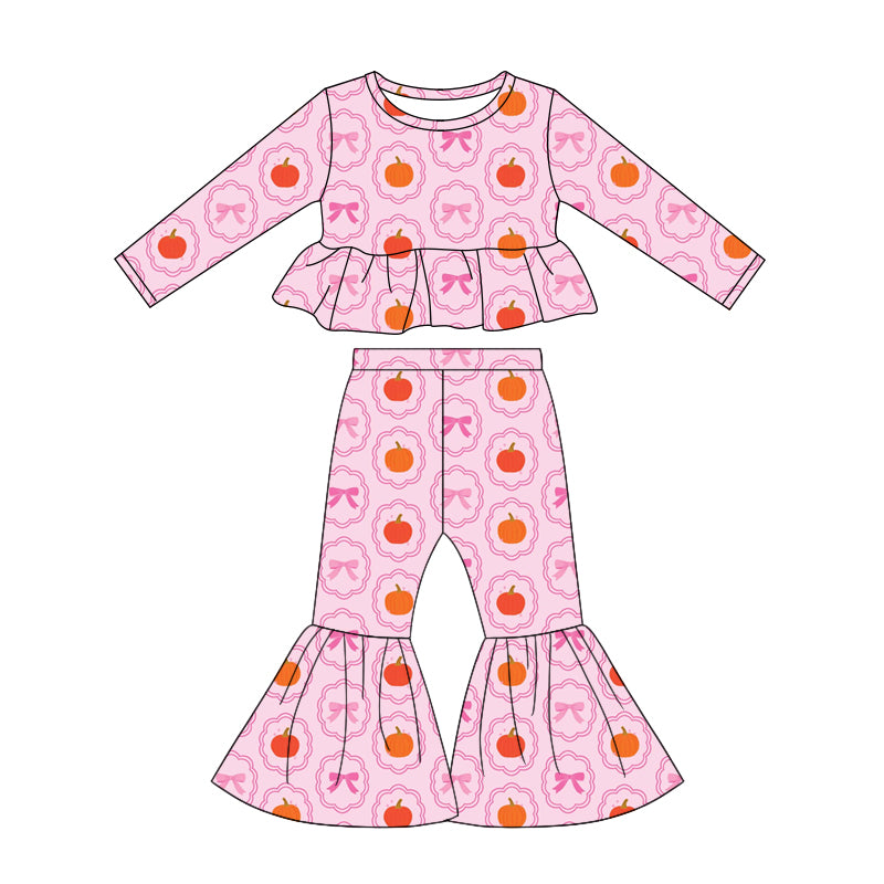 Baby Girls Bows Pumpkins Checked Top Bell Bottom Pant Fall Clothes Sets Preorder