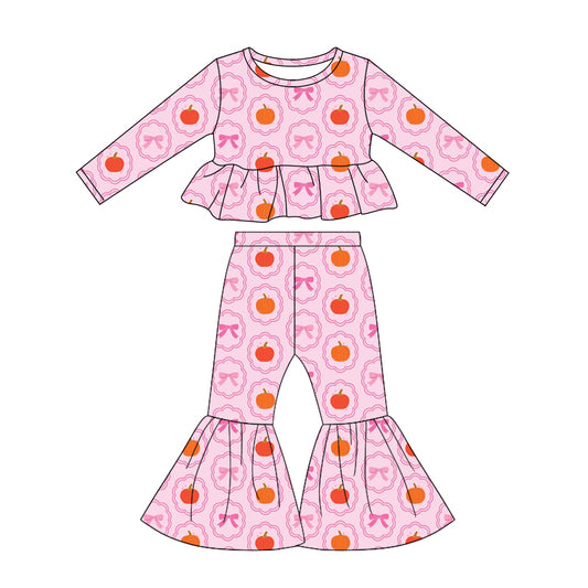 Baby Girls Bows Pumpkins Checked Top Bell Bottom Pant Fall Clothes Sets Preorder