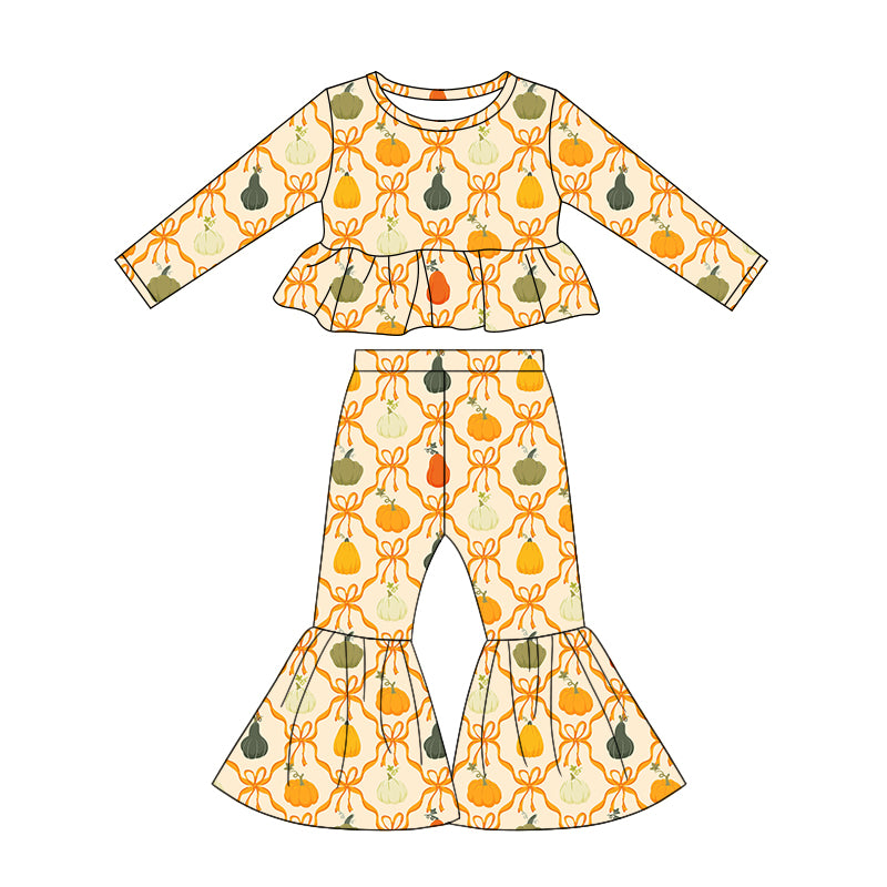 Baby Girls Bows Pumpkins Checked Top Bell Bottom Pant Fall Clothes Sets Preorder
