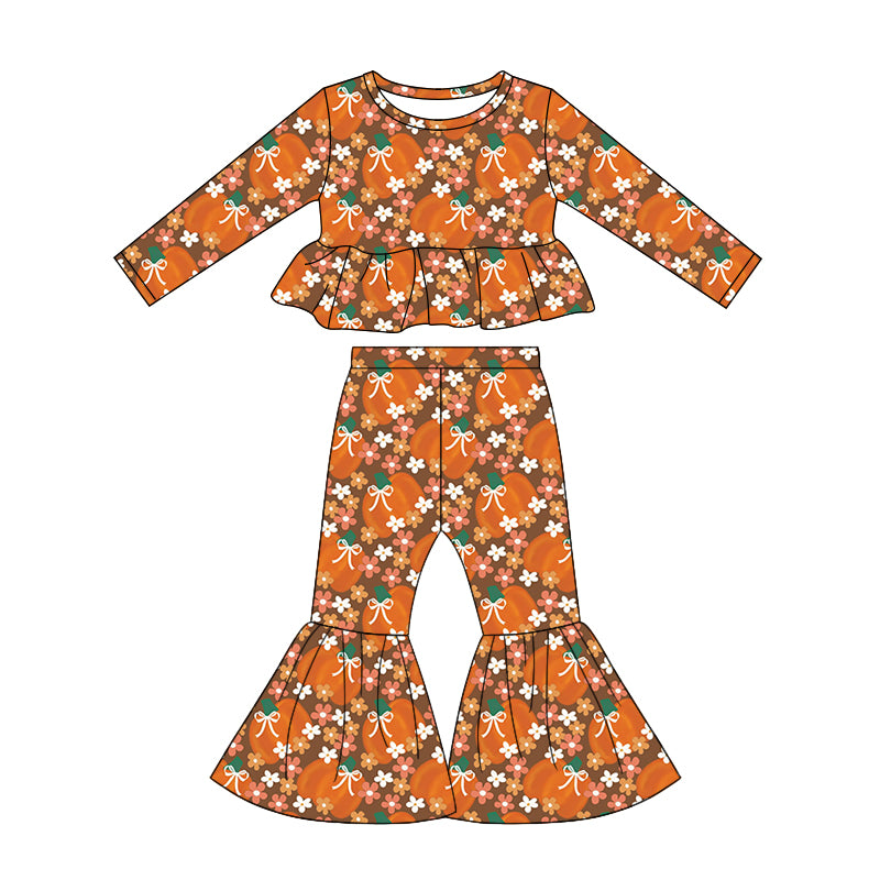 Baby Girls Bows Pumpkins Flowers Top Bell Bottom Pant Fall Clothes Sets Preorder