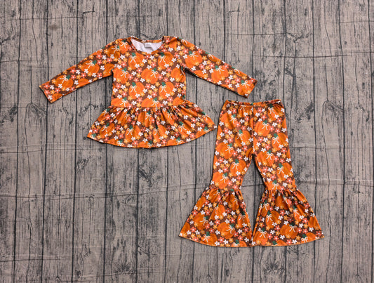 Baby Girls Bows Pumpkins Flowers Top Bell Bottom Pant Fall Clothes Sets Preorder