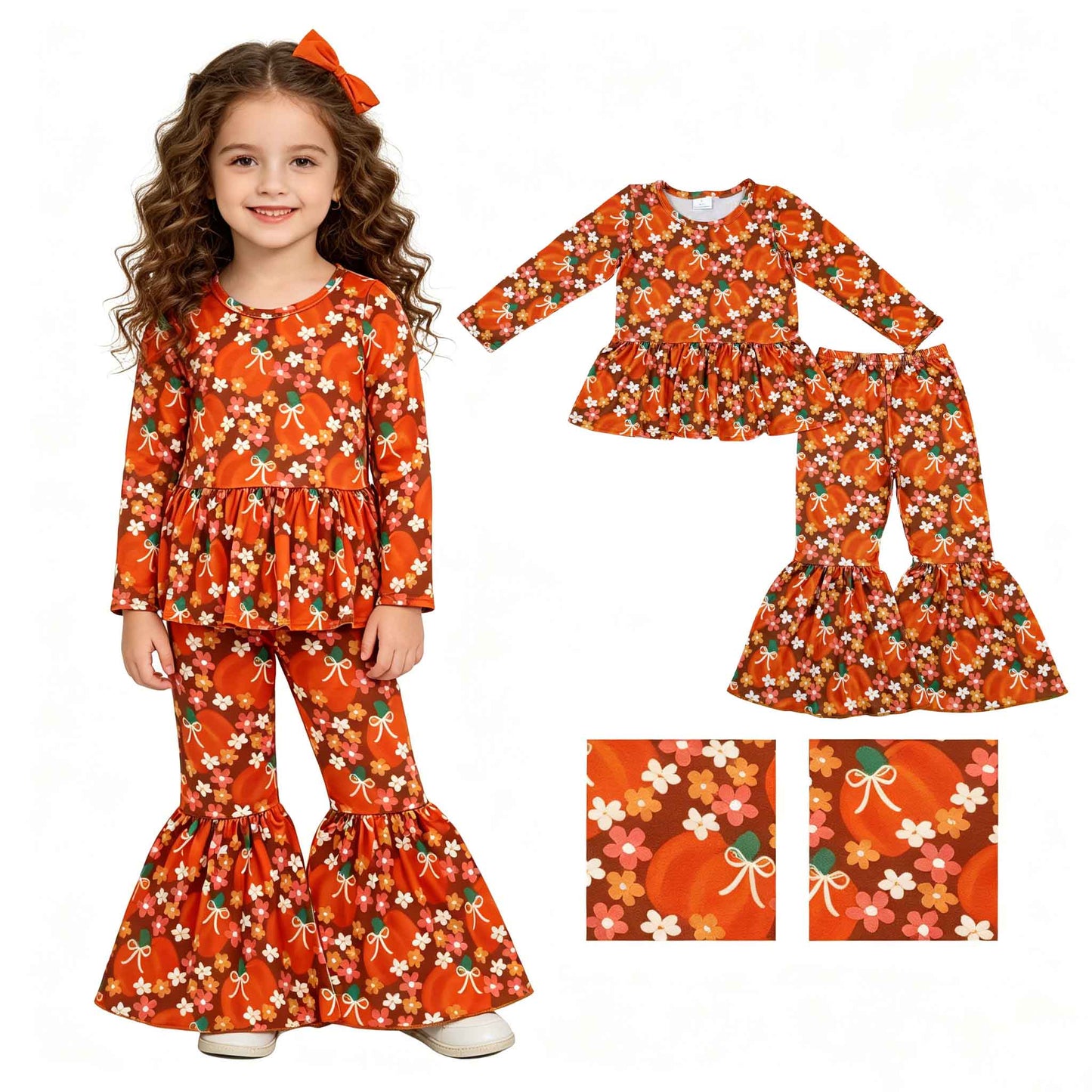 Baby Girls Bows Pumpkins Flowers Tunic Bell Bottom Pant Fall Clothes Sets