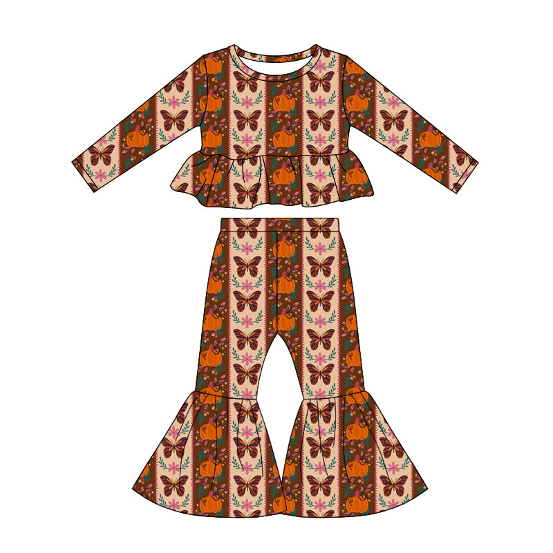 Baby Girls Butterfly Pumpkins Flowers Top Bell Bottom Pant Fall Clothes Sets Preorder