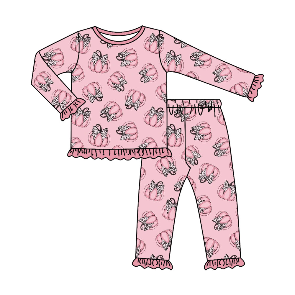 Baby Girls Pink Bows Pumpkins Top Ruffle Pant Fall Pajamas Sets Preorder