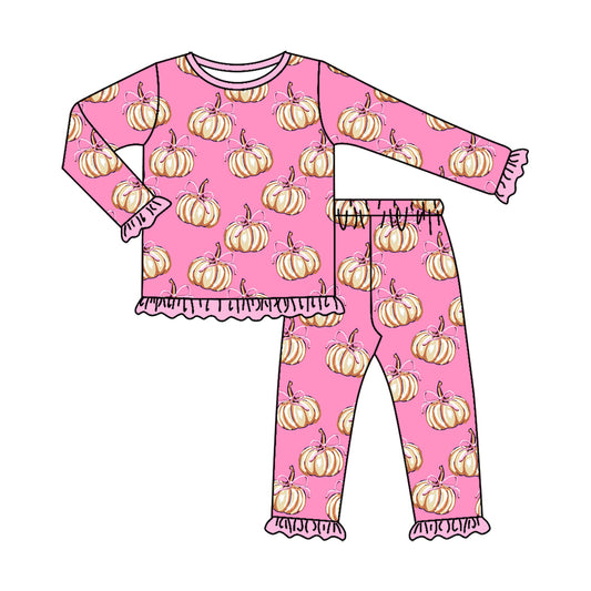 Baby Girls Pink Bows Pumpkins Top Ruffle Pant Fall Pajamas Sets Preorder
