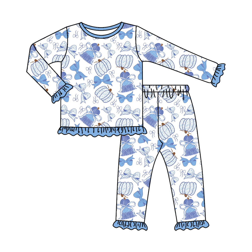 Baby Girls Blue Bows Pumpkins Top Ruffle Pant Fall Pajamas Sets Preorder