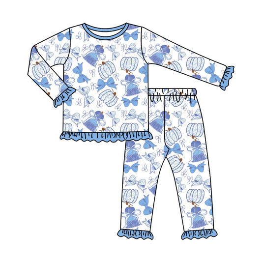 Baby Girls Blue Bows Pumpkins Top Ruffle Pant Fall Pajamas Sets Preorder