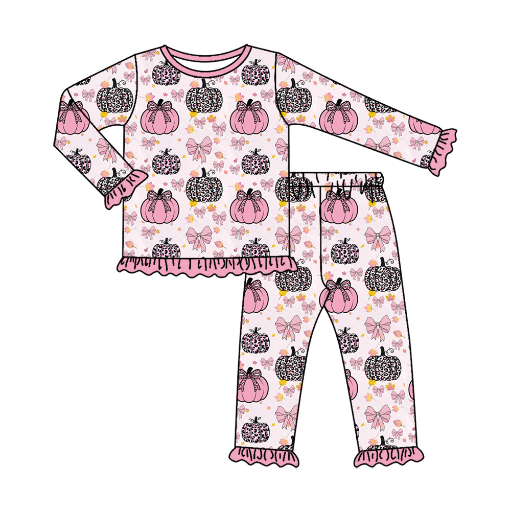 Baby Girls Pink Bows Leopard Pumpkins Top Ruffle Pant Fall Pajamas Sets Preorder