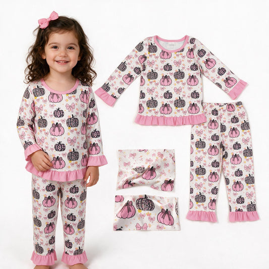 Baby Girls Bows Leopard Pumpkins Top Ruffle Pant Fall Pajamas Sets