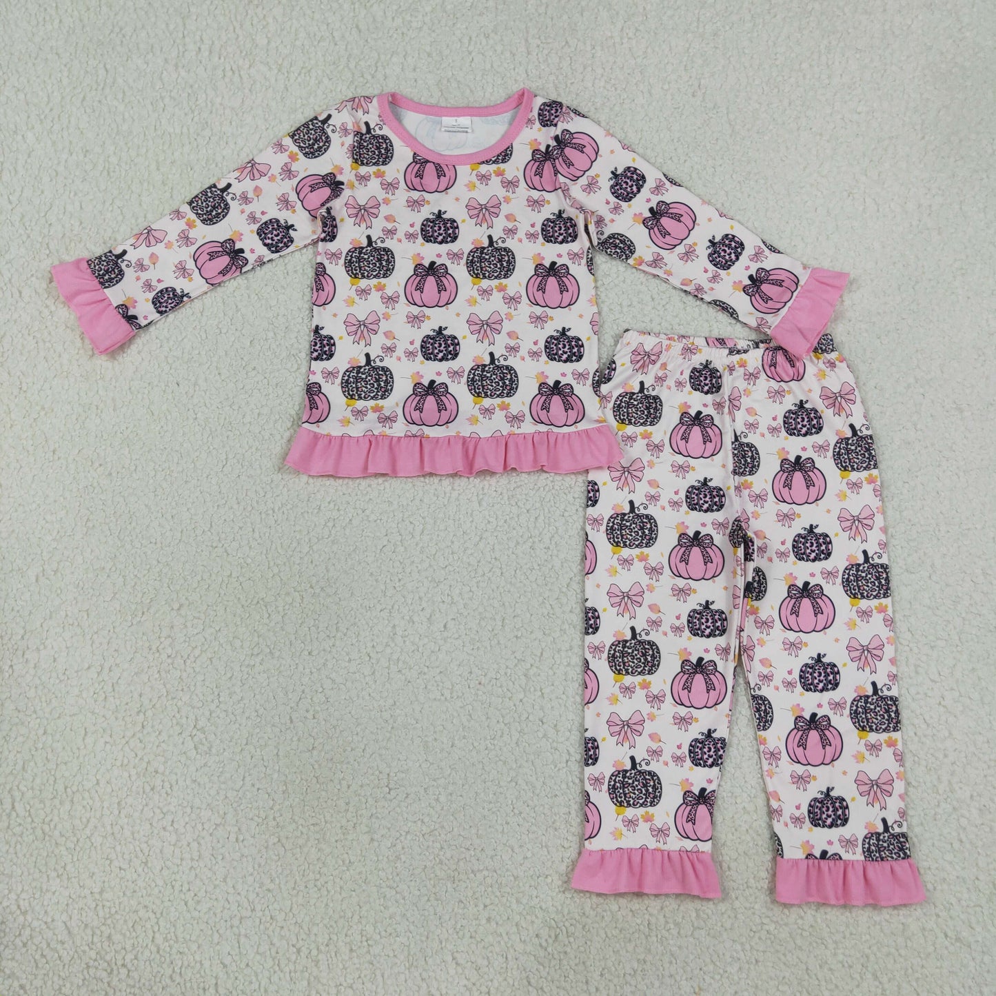 Baby Girls Bows Leopard Pumpkins Top Ruffle Pant Fall Pajamas Sets
