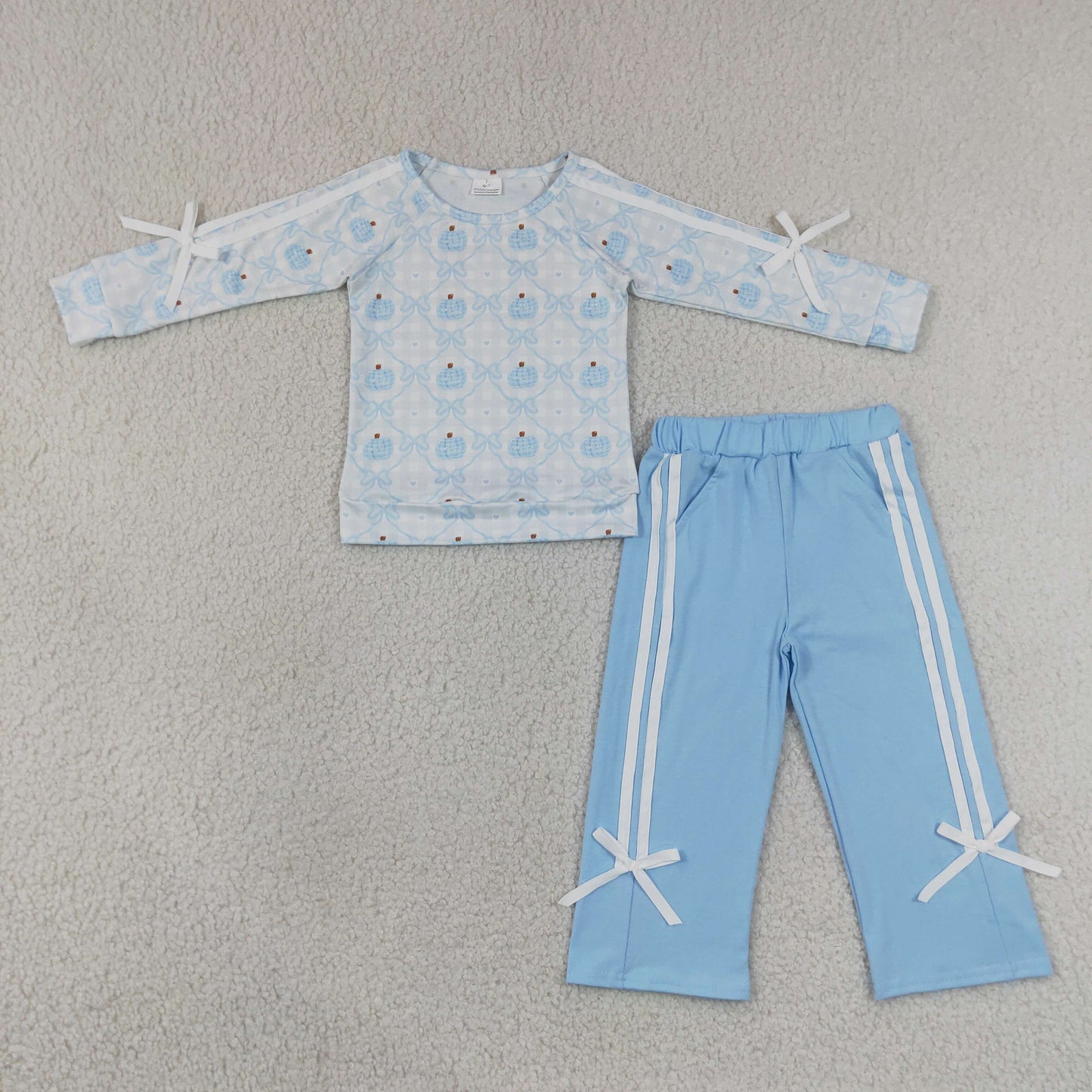 Sibling Baby Girls Long Leaves Ghost Pumpkins Deer Top Pockets Bows Pant Sets