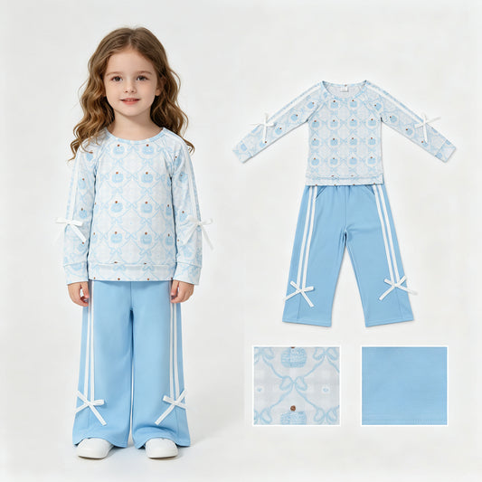 Baby Girls Blue Bows Pumpkins Checked Top Pockets Pant Fall Clothes Sets