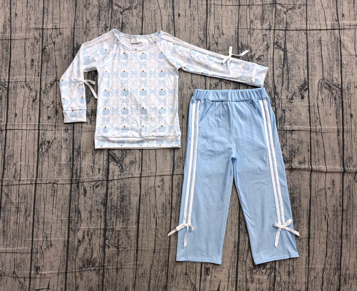 Baby Girls Blue Bows Pumpkins Top Pockets Flare Pant Fall Clothes Sets Preorder