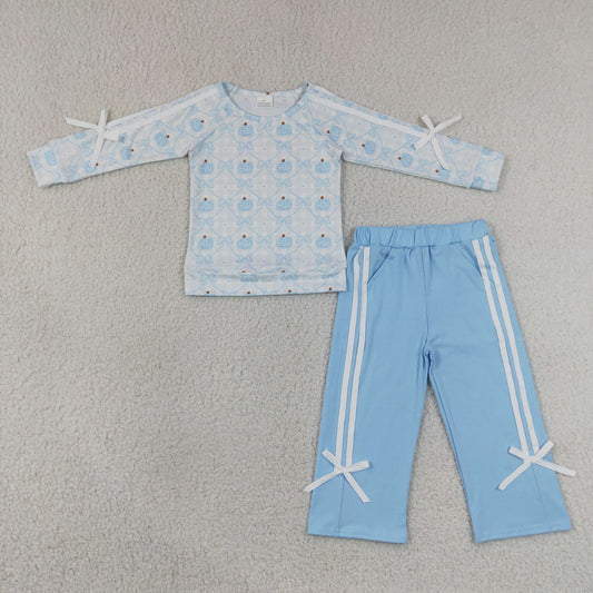 Baby Girls Blue Bows Pumpkins Checked Top Pockets Pant Fall Clothes Sets