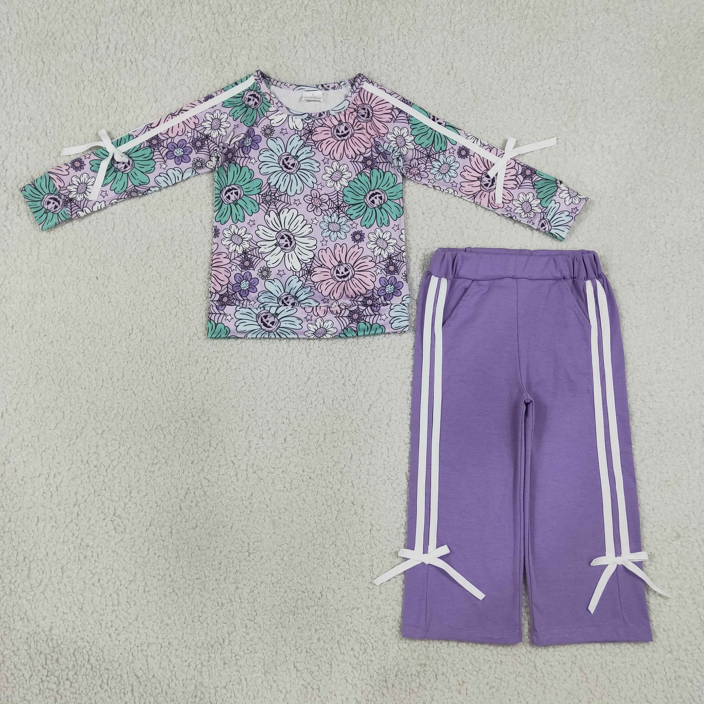 Baby Girls Ghost Pumpkins Flowers Top Pockets Bows Pant Halloween Clothes Sets