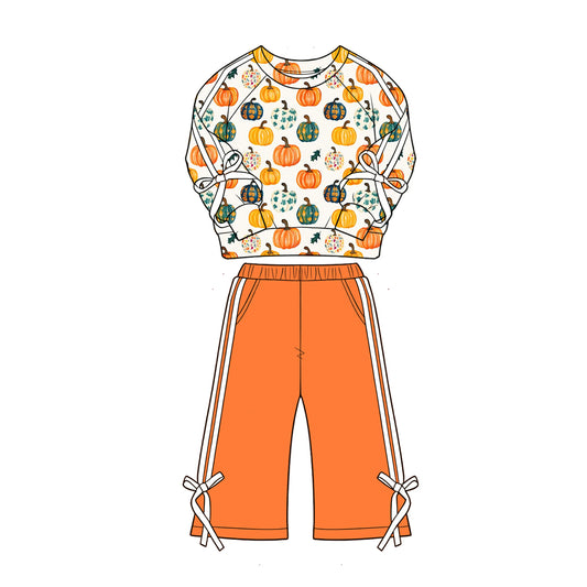 Baby Girls Colorful Leaves Pumpkins Top Pockets Flare Pant Fall Clothes Sets Preorder