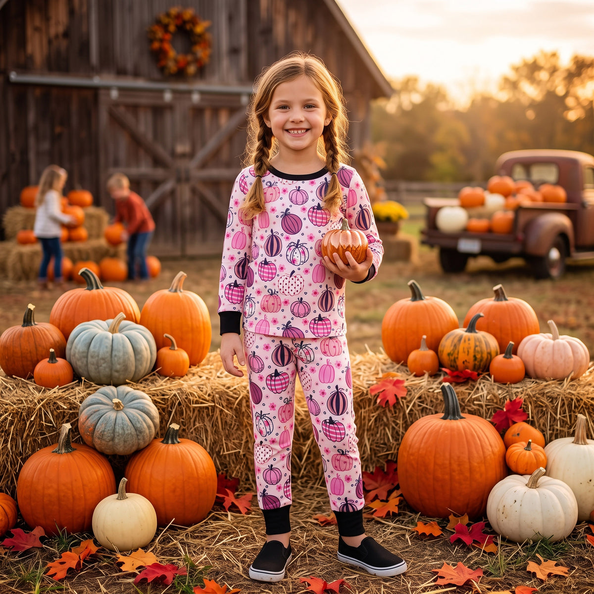 Baby Girls Flowers Pumpkins Top Pant Fall Pajamas Sets