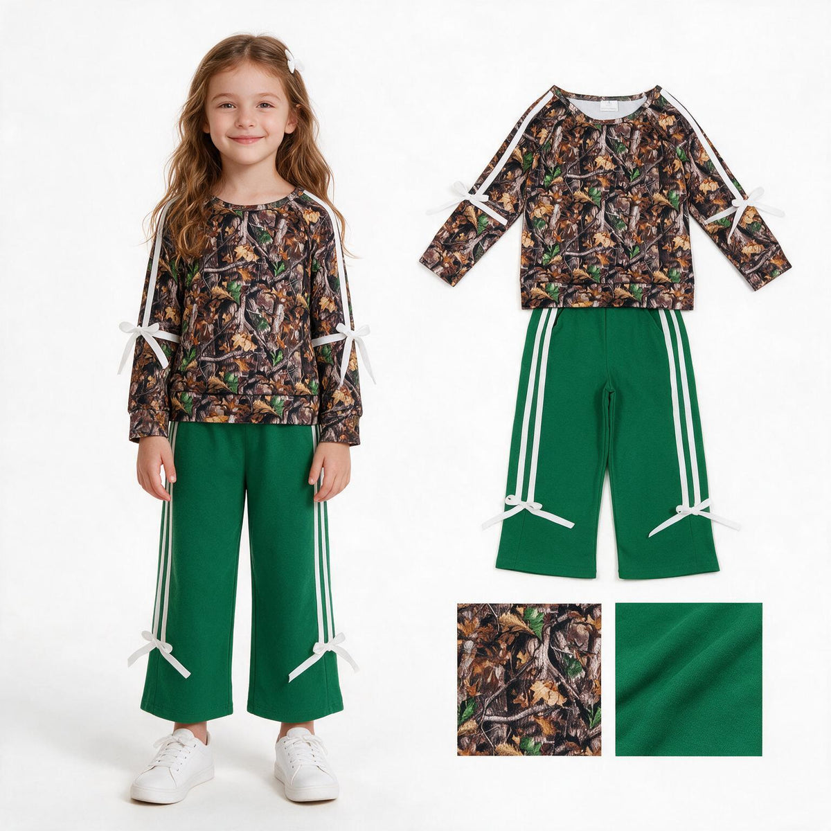 Baby Girls Long Sleeve Leaves Camo Top Pockets Bows Pant Clothes Sets