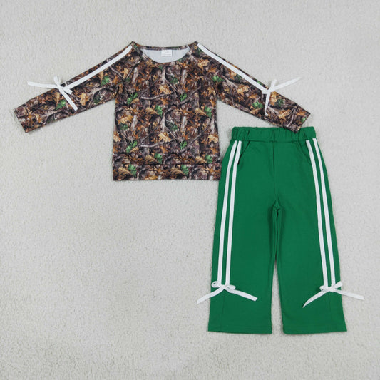 Baby Girls Long Sleeve Leaves Camo Top Pockets Bows Pant Clothes Sets