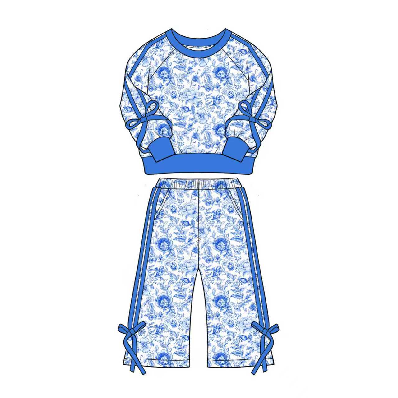 Baby Girls Blue Flowers Top Pockets Flare Pant Fall Clothes Sets Preorder