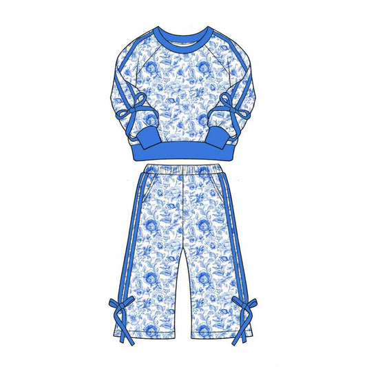 Baby Girls Blue Flowers Top Pockets Flare Pant Fall Clothes Sets Preorder