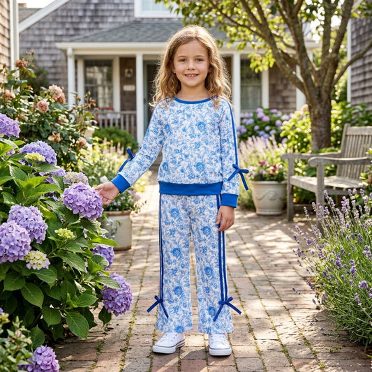 Baby Girls Blue Flowers Top Bows Pockets Flare Pant Fall Clothes Sets