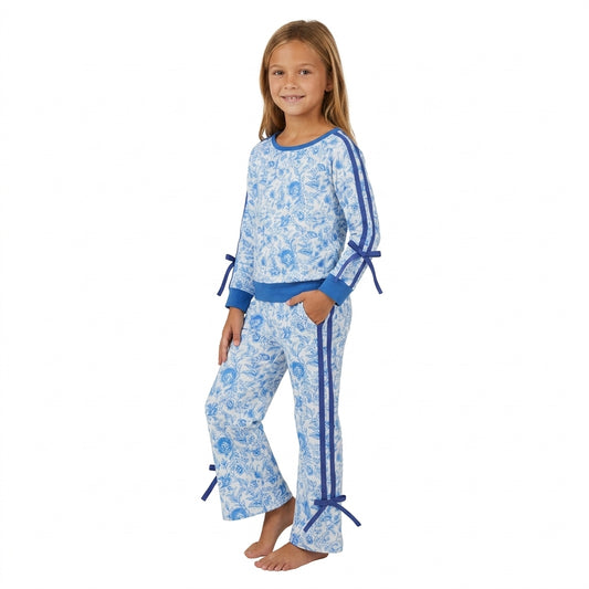 Baby Girls Blue Flowers Top Bows Pockets Flare Pant Fall Clothes Sets