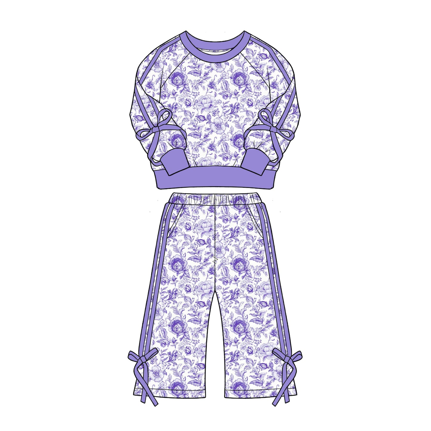Baby Girls Purple Flowers Top Pockets Flare Pant Fall Clothes Sets Preorder