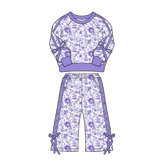 Baby Girls Purple Flowers Top Pockets Flare Pant Fall Clothes Sets Preorder