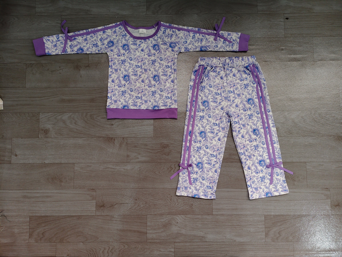 Baby Girls Purple Flowers Top Pockets Flare Pant Fall Clothes Sets Preorder