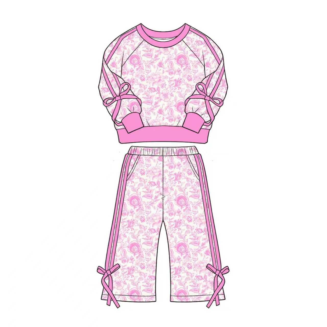Baby Girls Pink Flowers Top Pockets Flare Pant Fall Clothes Sets Preorder