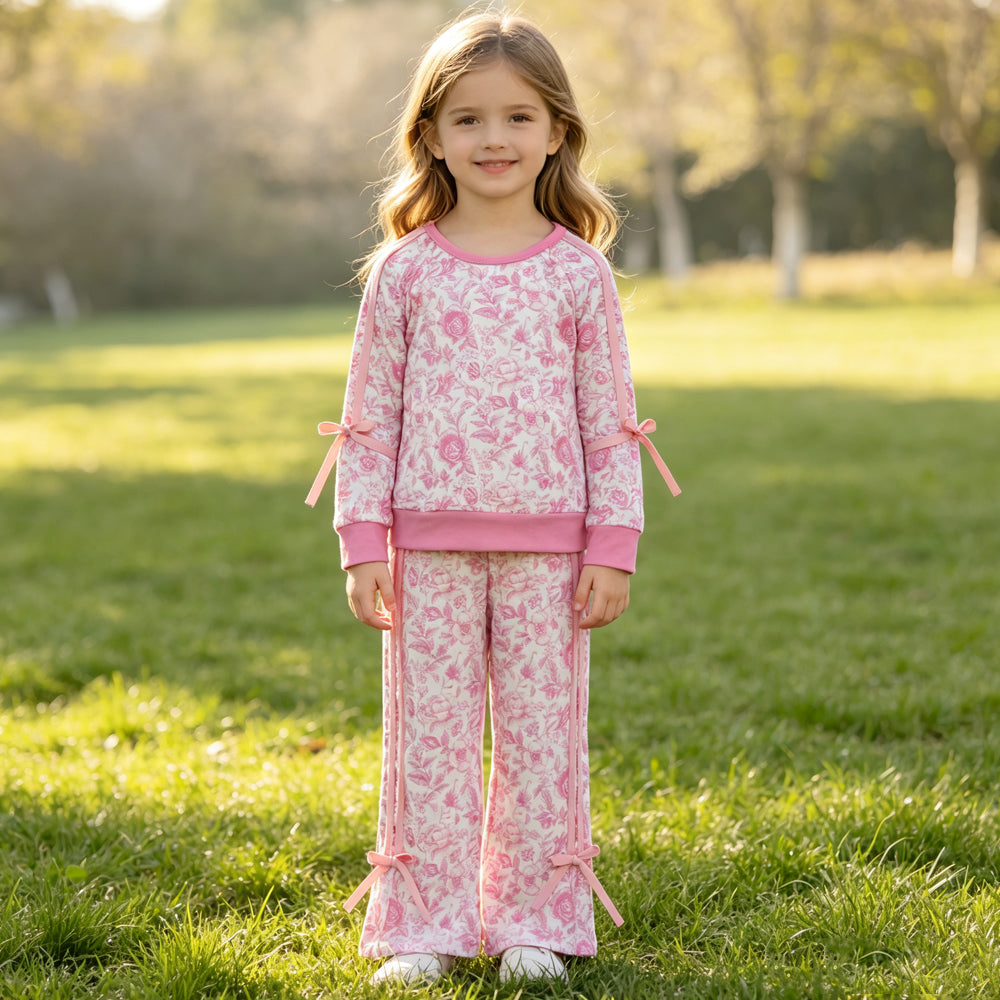 Baby Girls Pink Flowers Bows Top Pockets Flare Pant Clothes Sets