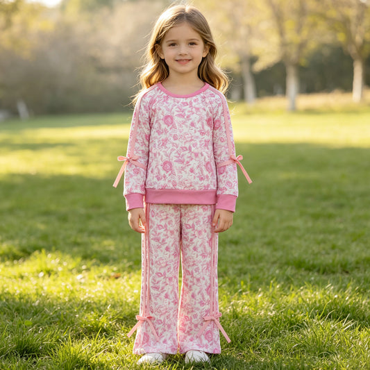 Baby Girls Pink Flowers Bows Top Pockets Flare Pant Clothes Sets