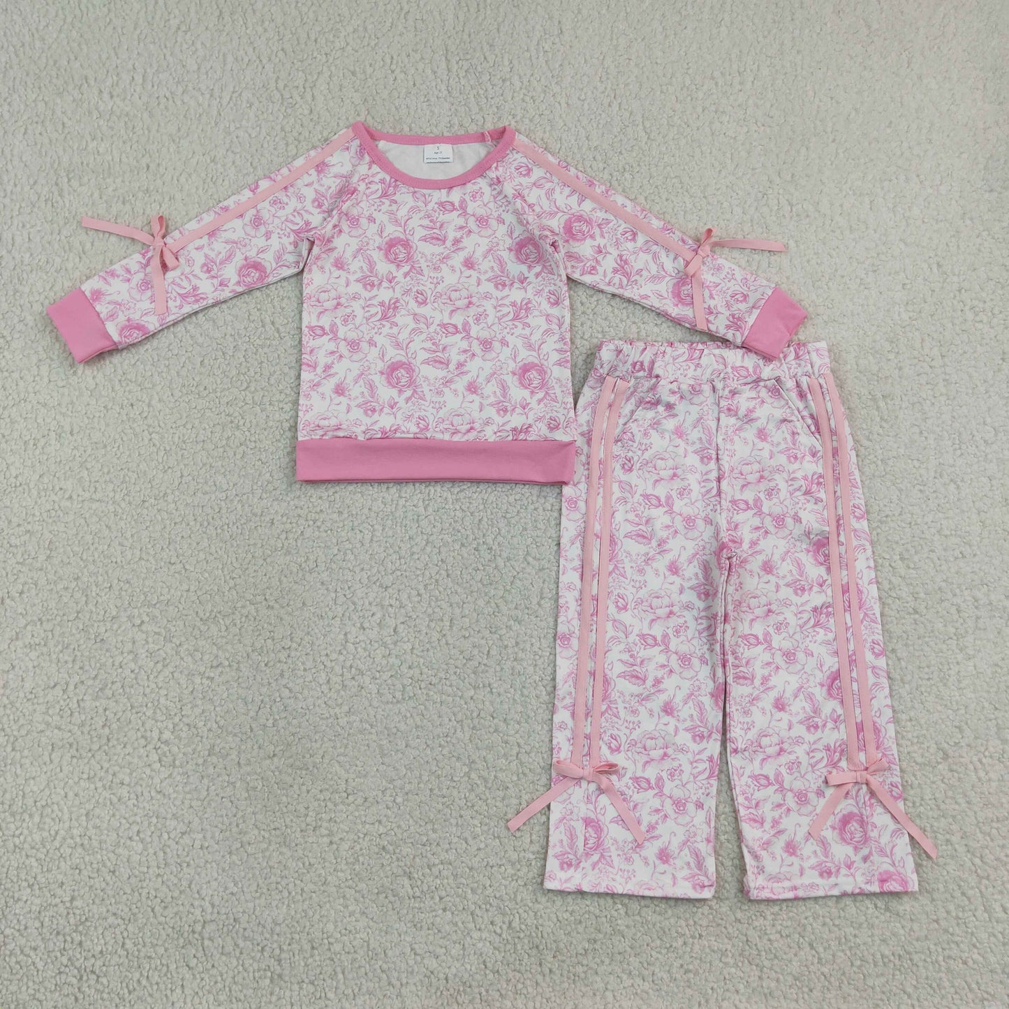 Baby Girls Pink Flowers Bows Top Pockets Flare Pant Clothes Sets