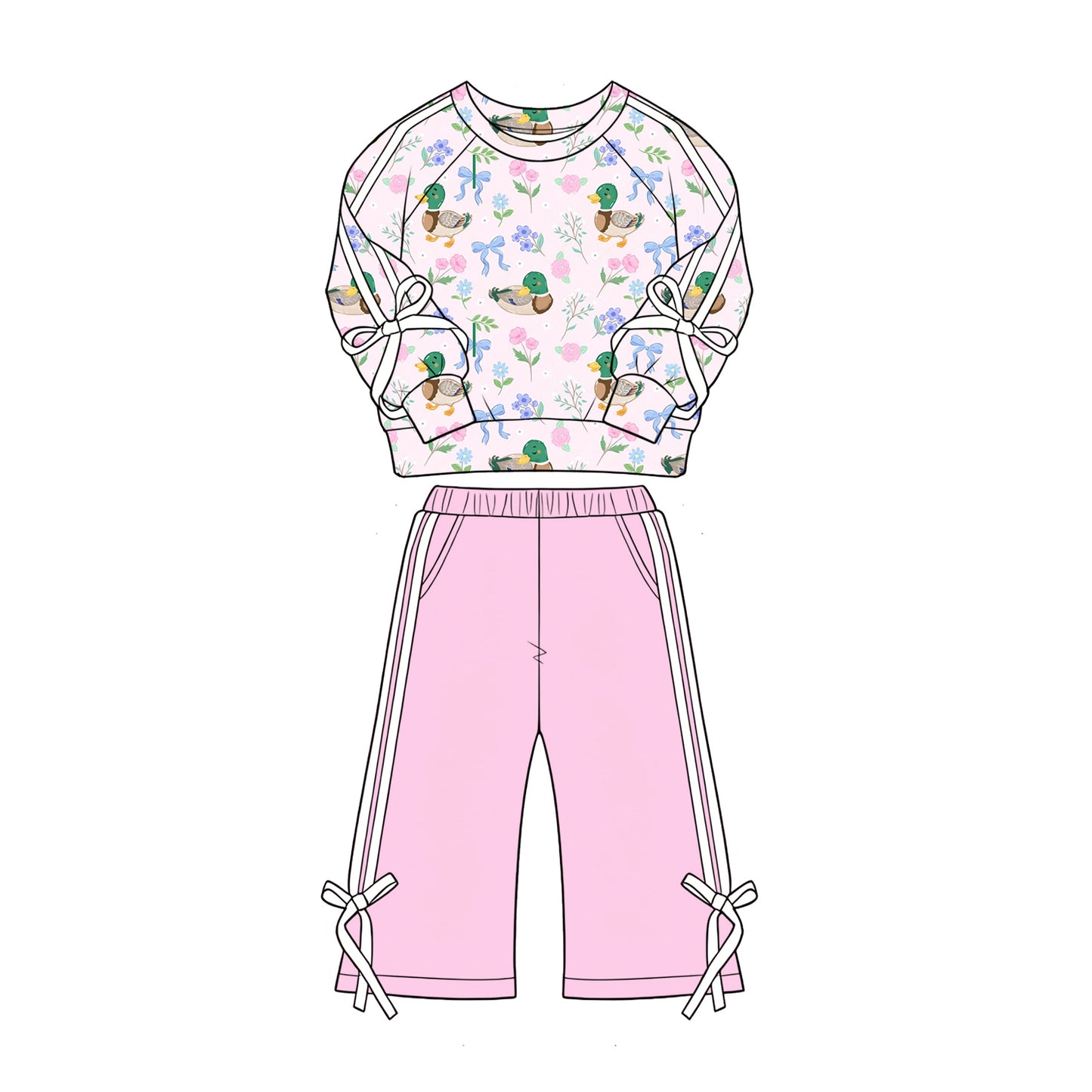 Baby Girls Ducks Flowers Top Pockets Flare Pant Hunting Clothes Sets Preorder