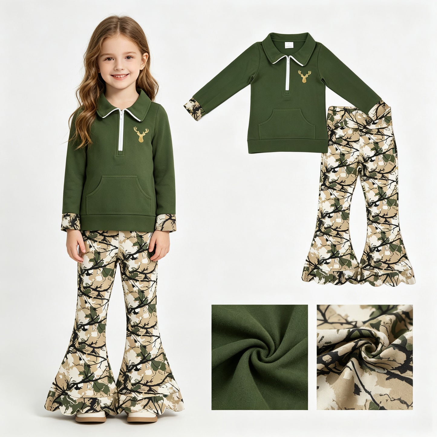 Embroidery Deer Baby Girls Zip Pocket Pullovers Scallop Bell Bottom Pants Hunting Clothes Sets