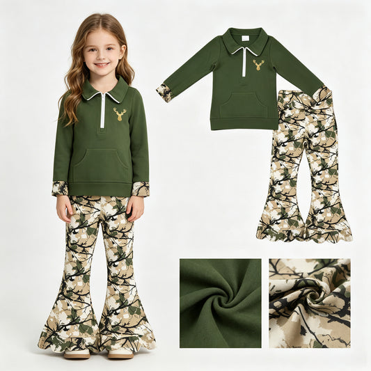 Embroidery Deer Baby Girls Zip Pocket Pullovers Scallop Bell Bottom Pants Hunting Clothes Sets