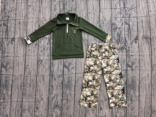 Embroidery Deer Baby Girls Green Pocket Zip Pullovers Scallop Pants Hunting Clothes Sets Preorder