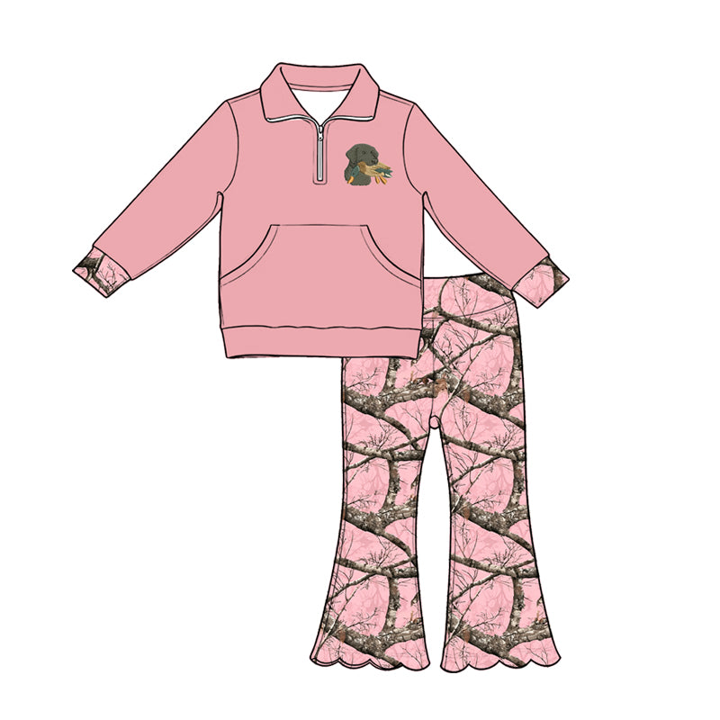 Baby Girls Pink Dog Ducks Pocket Zip Pullovers Scallop Flare Pants Hunting Clothes Sets Preorder