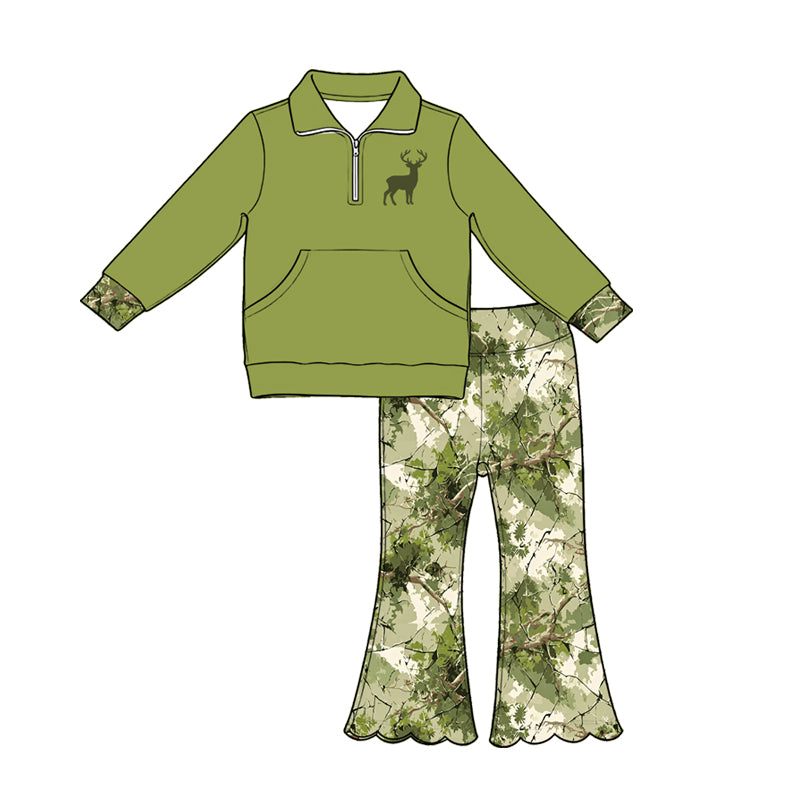 Baby Girls Green Deer Pocket Zip Pullovers Scallop Flare Pants Hunting Clothes Sets Preorder
