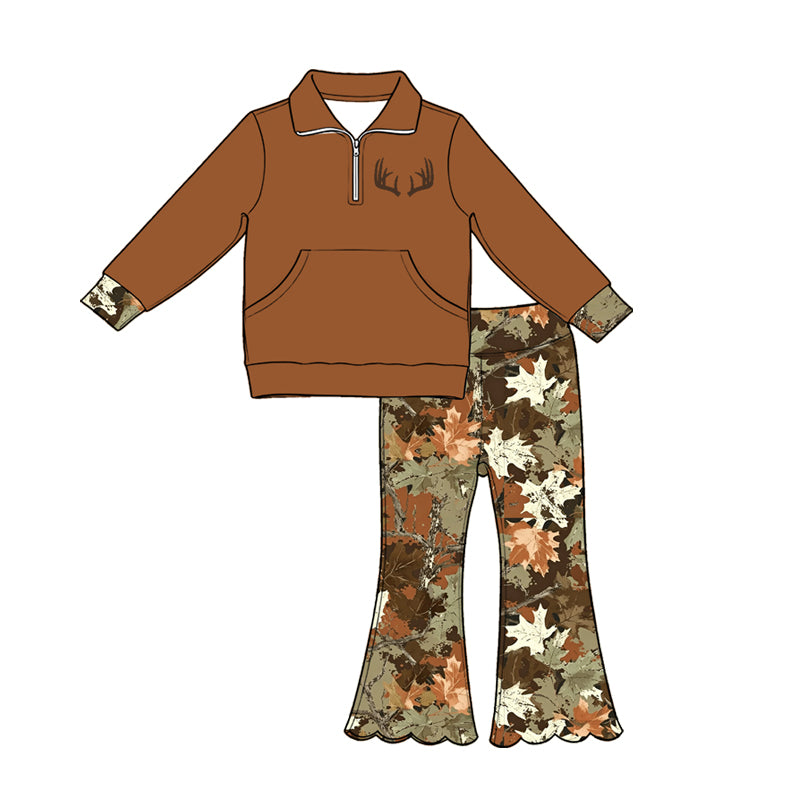 Baby Girls Brown Deer Pocket Zip Pullovers Scallop Flare Pants Hunting Clothes Sets Preorder